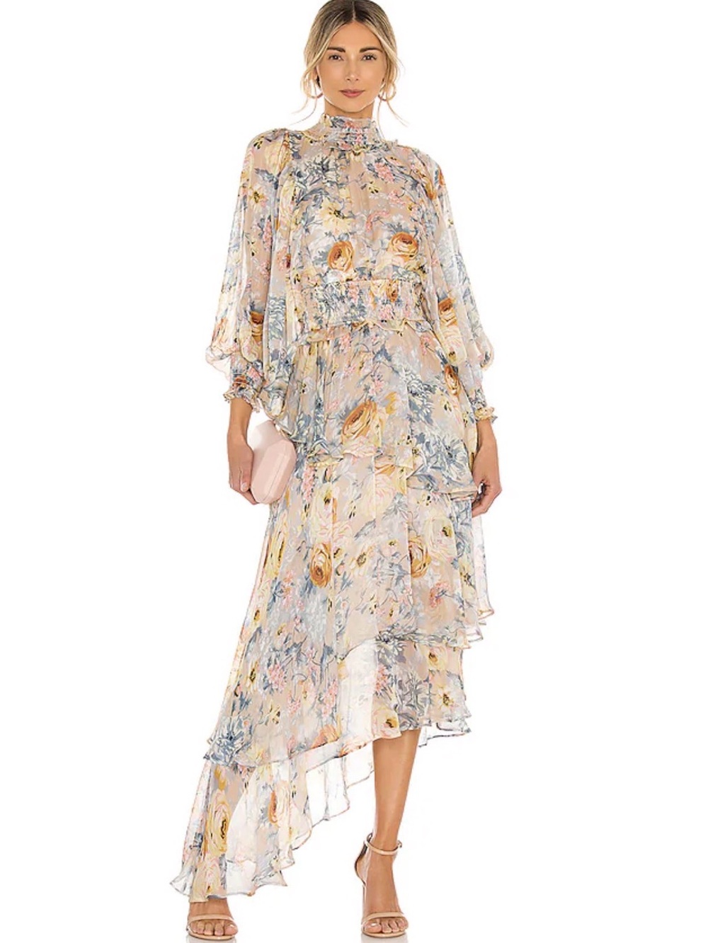 Elliatt Pastel Floral High-Neck Asymmetrical Ruffle Dress